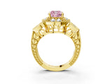 Yellow gold Fancy Pink Cushion Cut Halo Milgrain Diamond Engagement Ring with Leaf Band and Four-Prong Setting_3