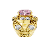 Yellow gold Fancy Pink Cushion Cut Halo Milgrain Diamond Engagement Ring with Leaf Band and Four-Prong Setting_5