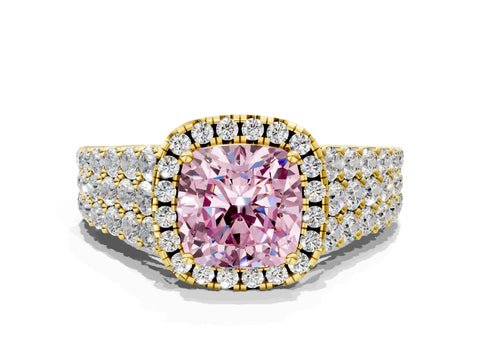 Yellow gold Fancy Pink Cushion Cut Halo Pavé Diamond Engagement Ring with Split Shank and Four-Prong Setting_3