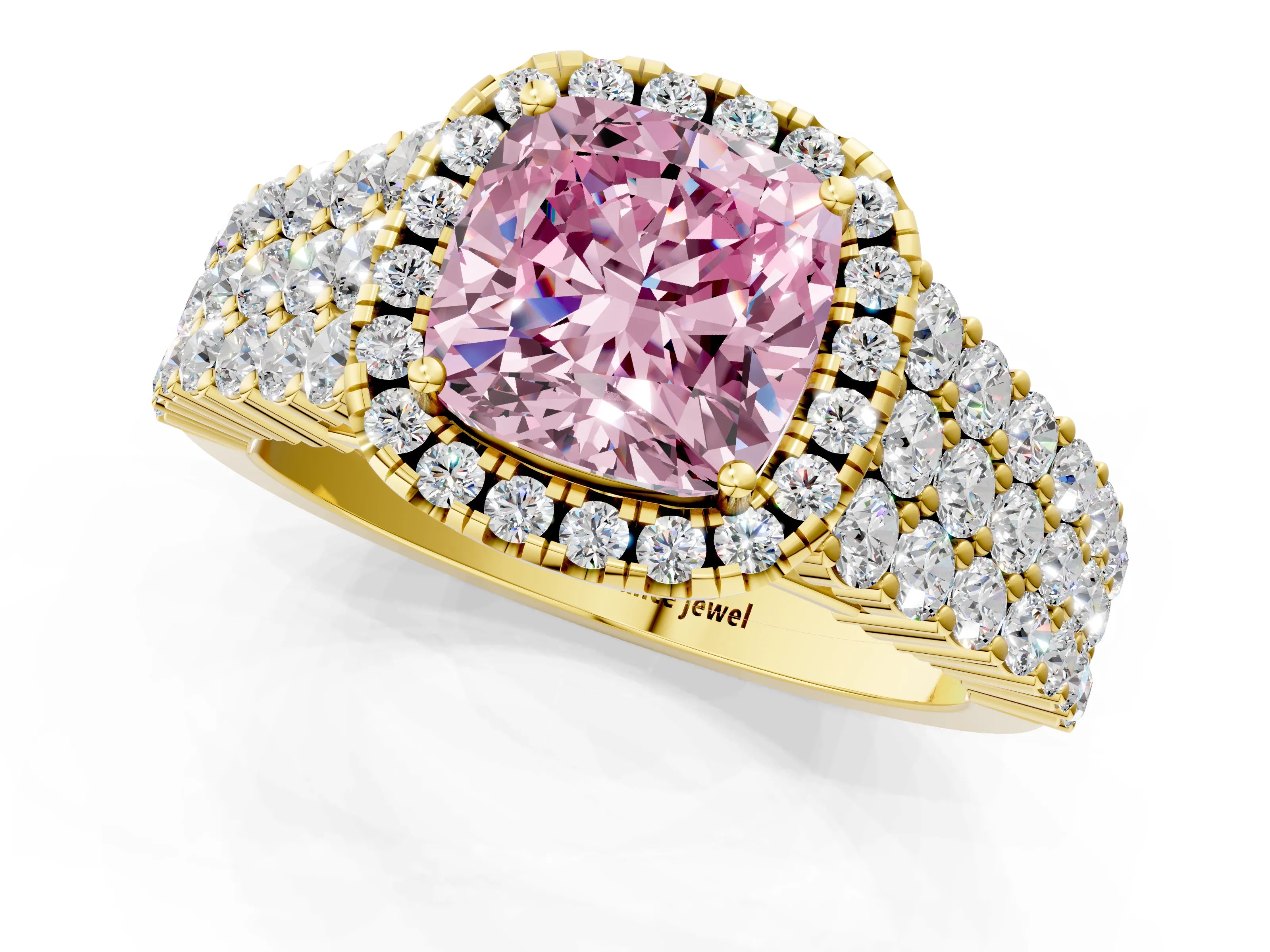 Yellow gold Fancy Pink Cushion Cut Halo Pavé Diamond Engagement Ring with Split Shank and Four-Prong Setting_4