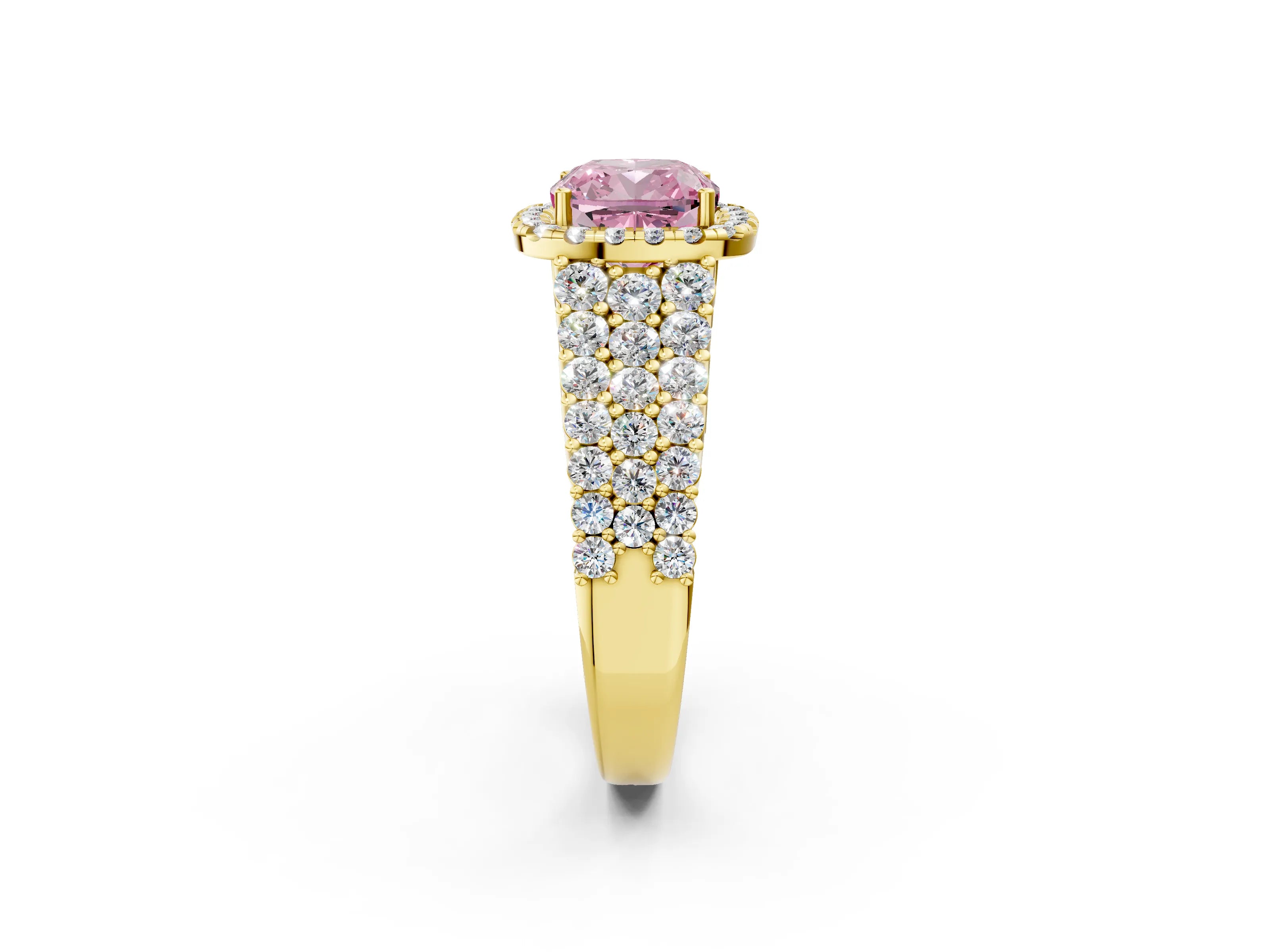 Yellow gold Fancy Pink Cushion Cut Halo Pavé Diamond Engagement Ring with Split Shank and Four-Prong Setting_5