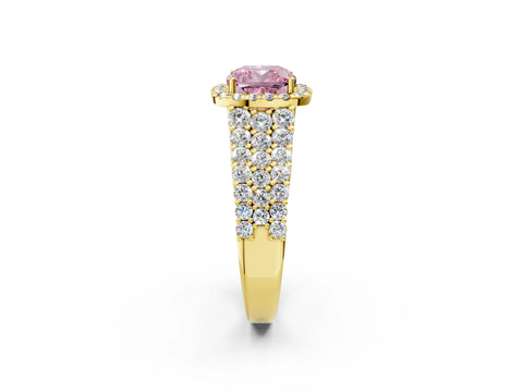 Yellow gold Fancy Pink Cushion Cut Halo Pavé Diamond Engagement Ring with Split Shank and Four-Prong Setting_5