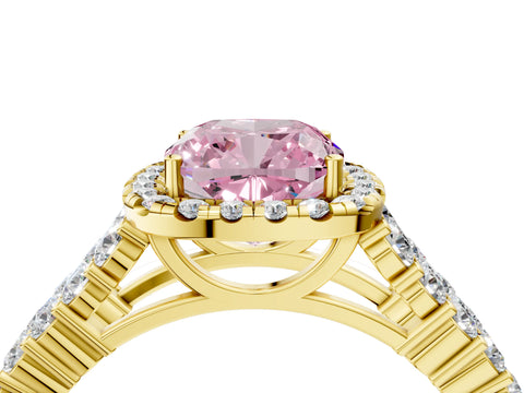 Yellow gold Fancy Pink Cushion Cut Halo Pavé Diamond Engagement Ring with Split Shank and Four-Prong Setting_7