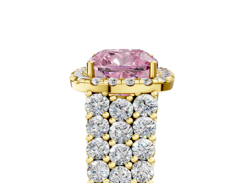 Yellow gold Fancy Pink Cushion Cut Halo Pavé Diamond Engagement Ring with Split Shank and Four-Prong Setting_8