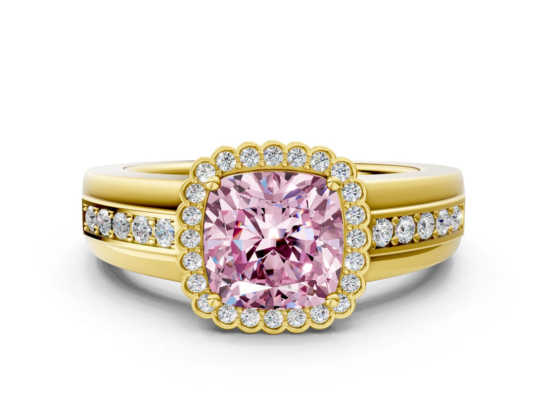 Yellow gold Fancy Pink Cushion  Cut Halo Pave Band Four-Prong Ring_49
