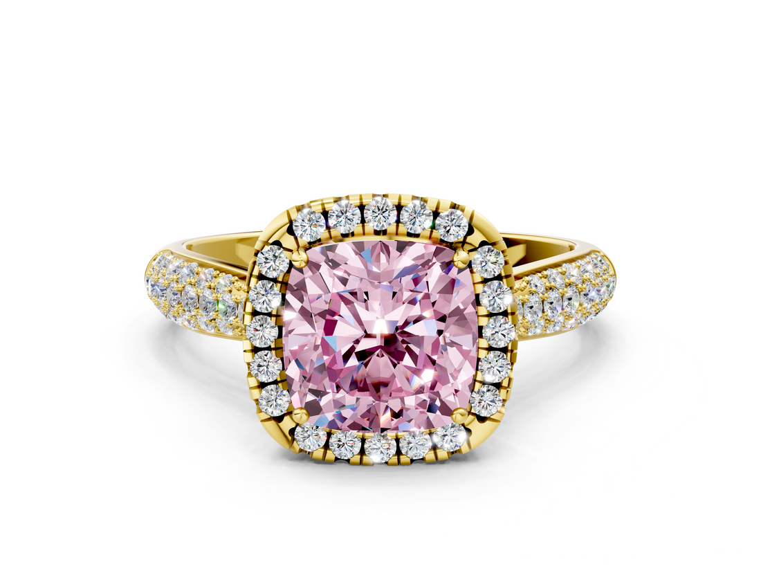 Yellow gold Fancy Pink Cushion  Cut Halo Pave Band Four-Prong Setting Ring_37