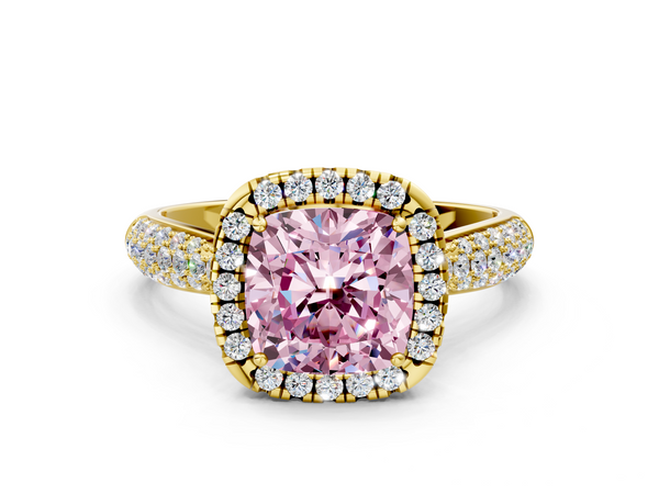 Yellow gold Fancy Pink Cushion  Cut Halo Pave Band Four-Prong Setting Ring