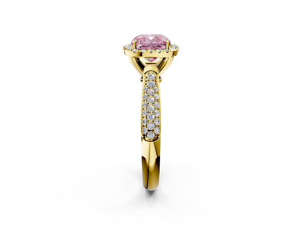 Yellow gold Fancy Pink Cushion  Cut Halo Pave Band Four-Prong Setting Ring