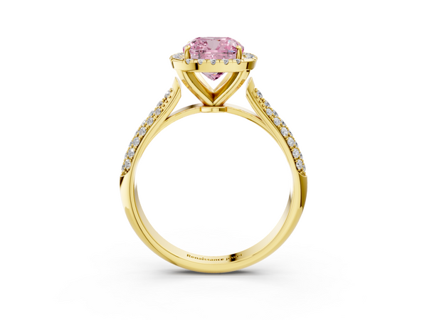 Yellow gold Fancy Pink Cushion  Cut Halo Pave Band Four-Prong Setting Ring
