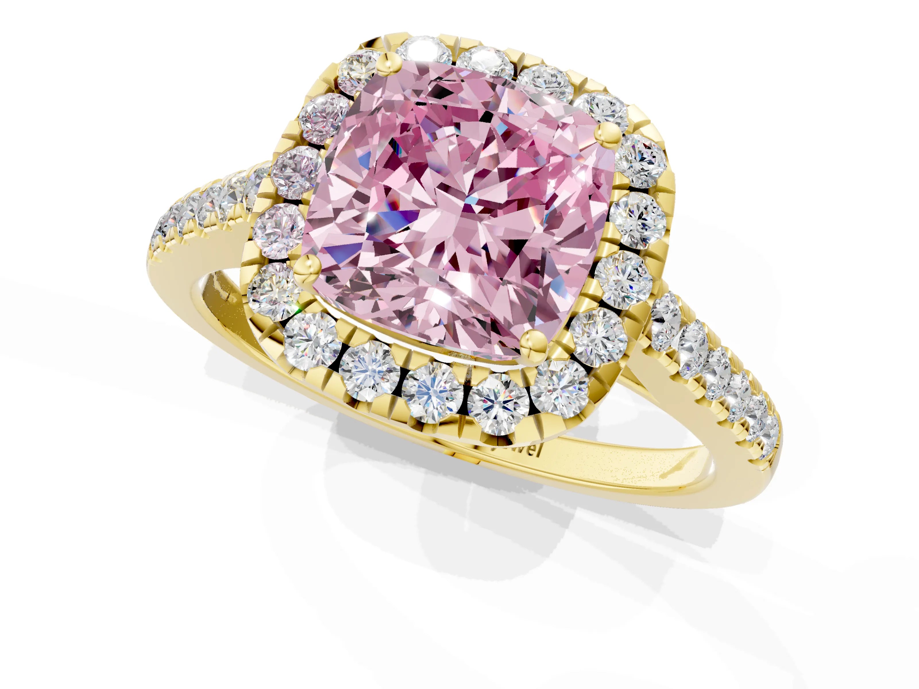 Yellow gold Fancy Pink Cushion Cut Halo Pave Diamond Engagement Ring with Four-Prong Setting_1