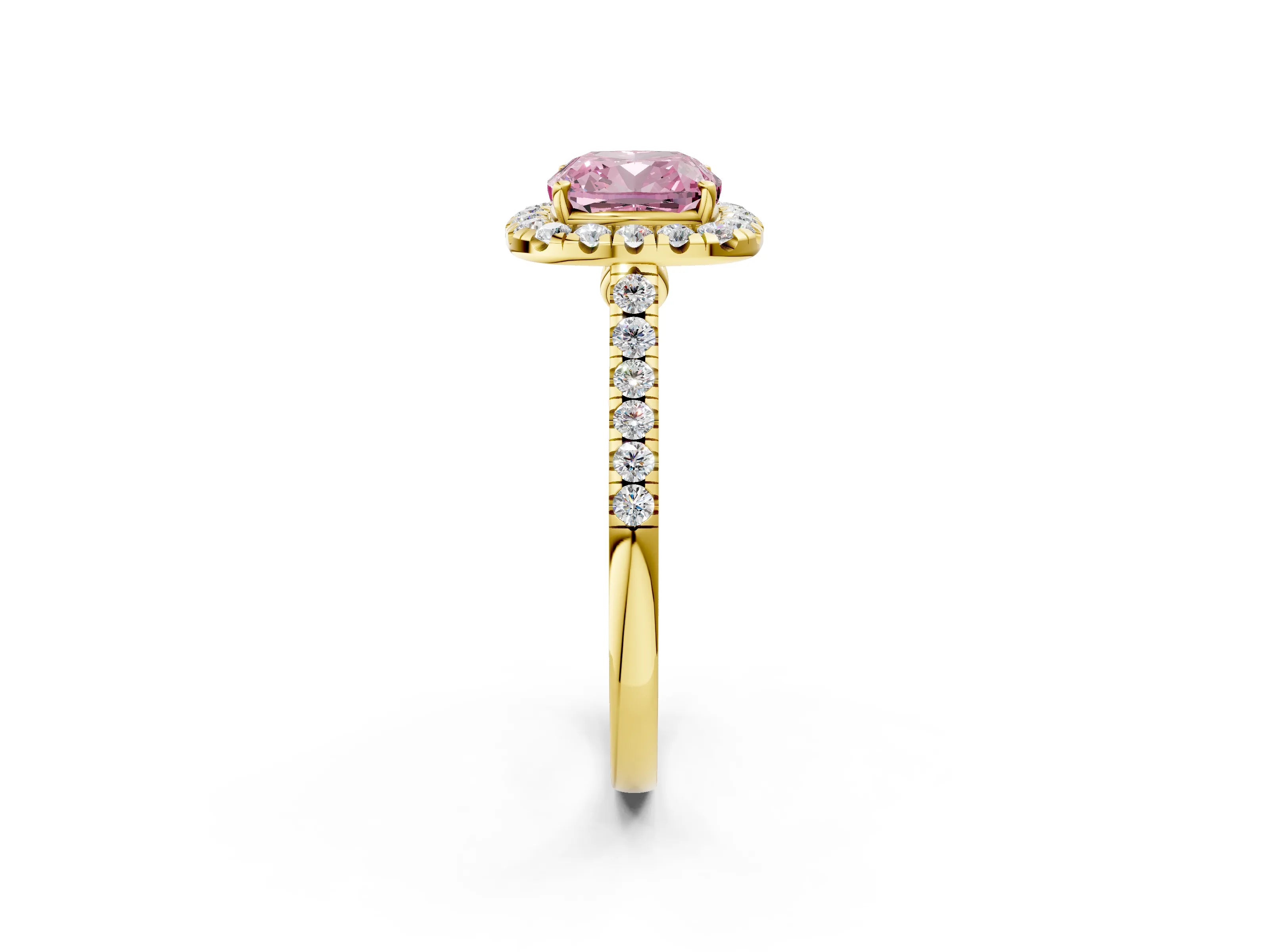 Yellow gold Fancy Pink Cushion Cut Halo Pave Diamond Engagement Ring with Four-Prong Setting_2