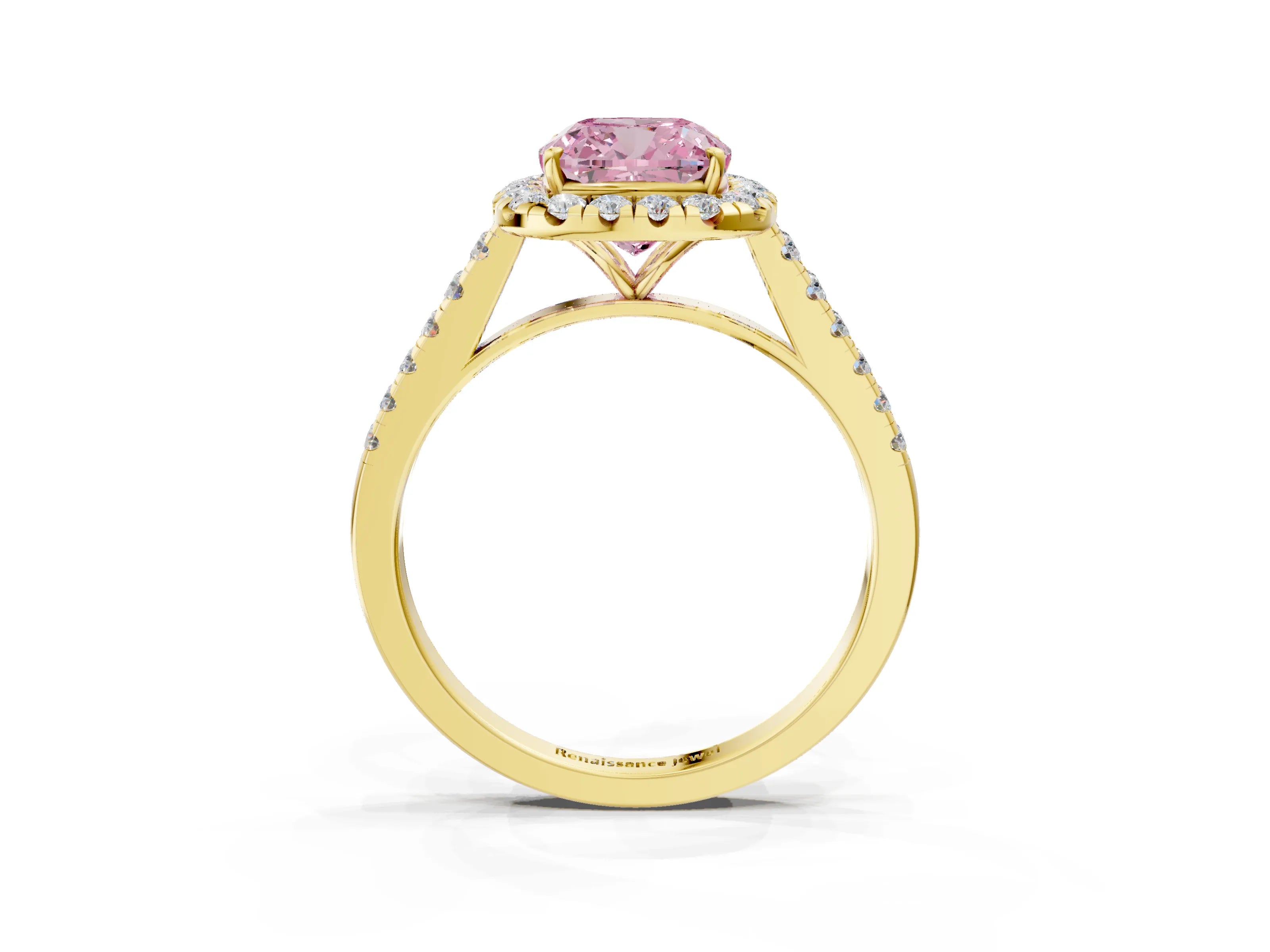 Yellow gold Fancy Pink Cushion Cut Halo Pave Diamond Engagement Ring with Four-Prong Setting_3
