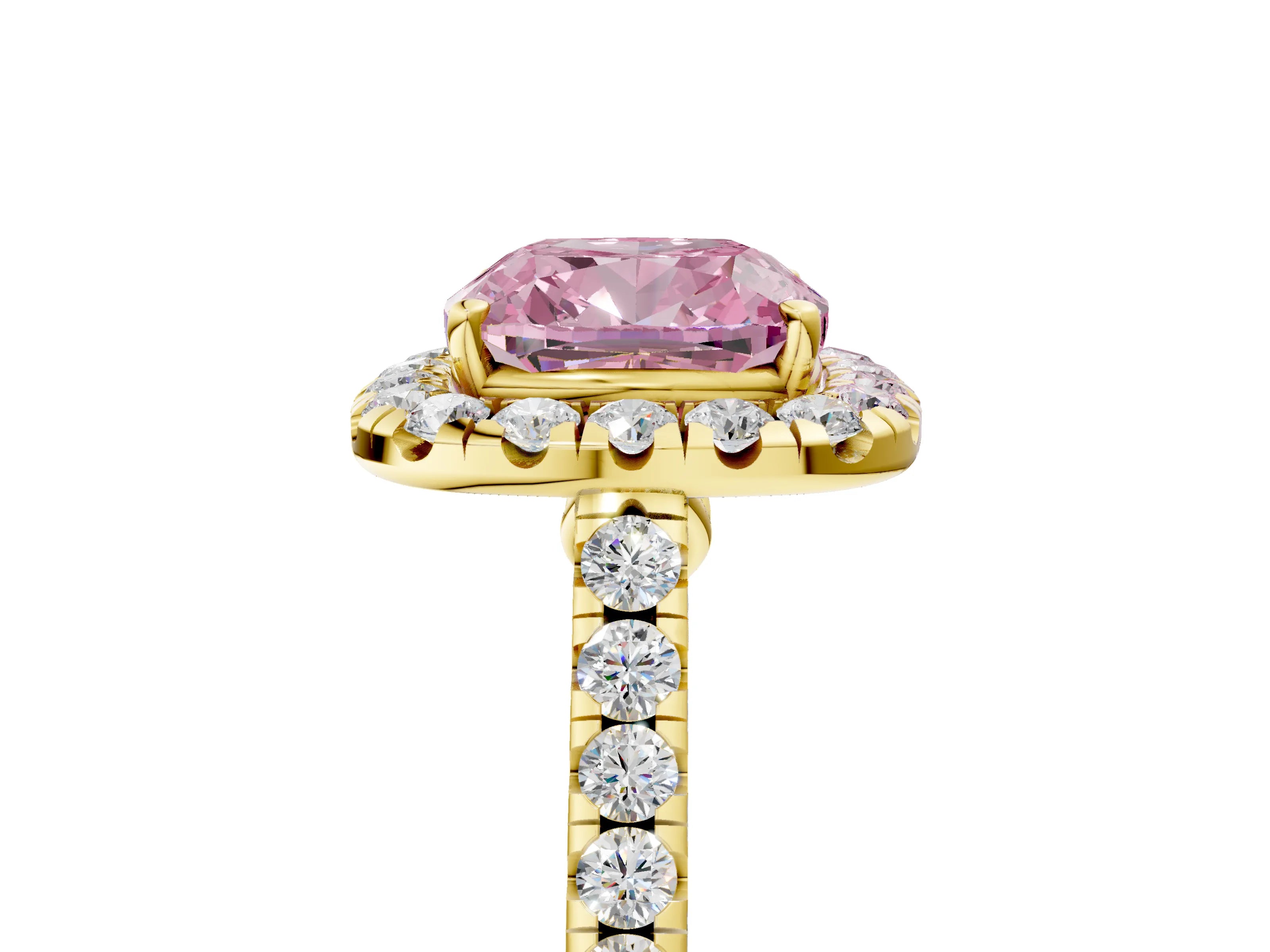 Yellow gold Fancy Pink Cushion Cut Halo Pave Diamond Engagement Ring with Four-Prong Setting_5