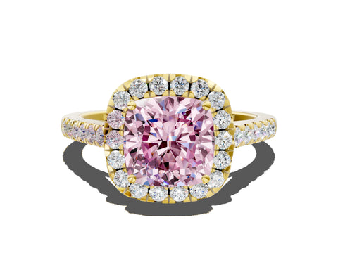 Yellow gold Fancy Pink Cushion Cut Halo Pave Diamond Engagement Ring with Four-Prong Setting