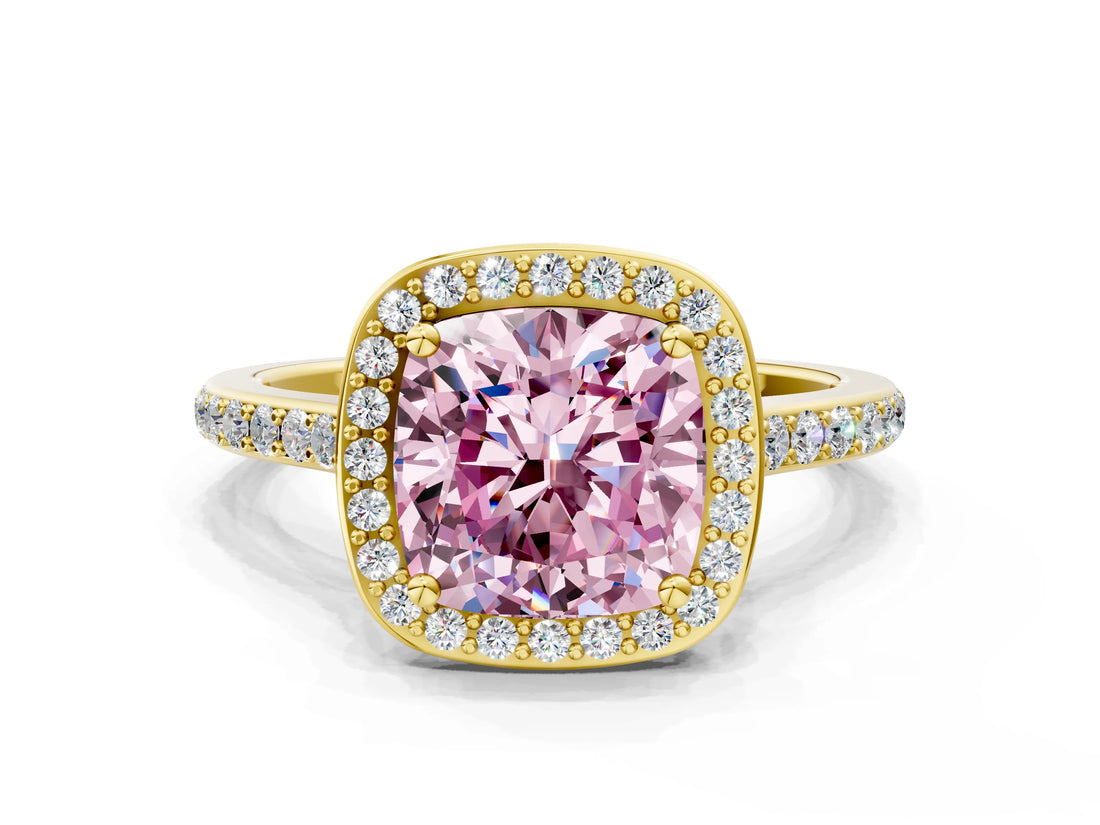 Yellow gold Fancy Pink Cushion Cut Halo Round Diamond Pavé Band with Four-Prong Setting_3