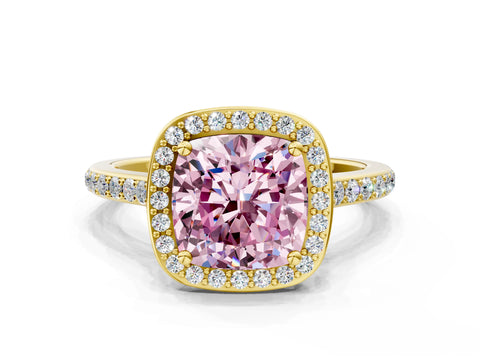 Yellow gold Fancy Pink Cushion Cut Halo Round Diamond Pavé Band with Four-Prong Setting_3