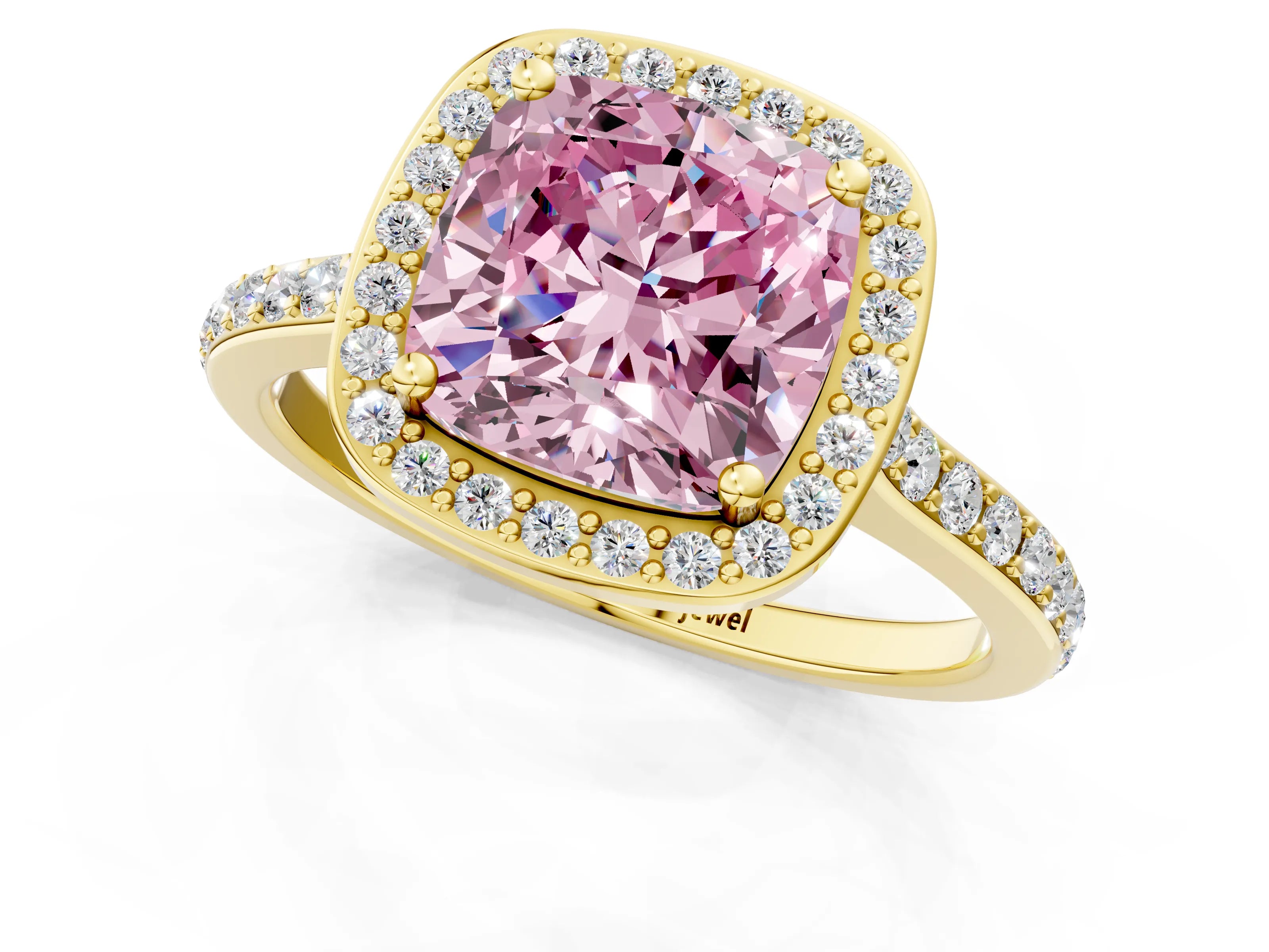 Yellow gold Fancy Pink Cushion Cut Halo Round Diamond Pavé Band with Four-Prong Setting_4
