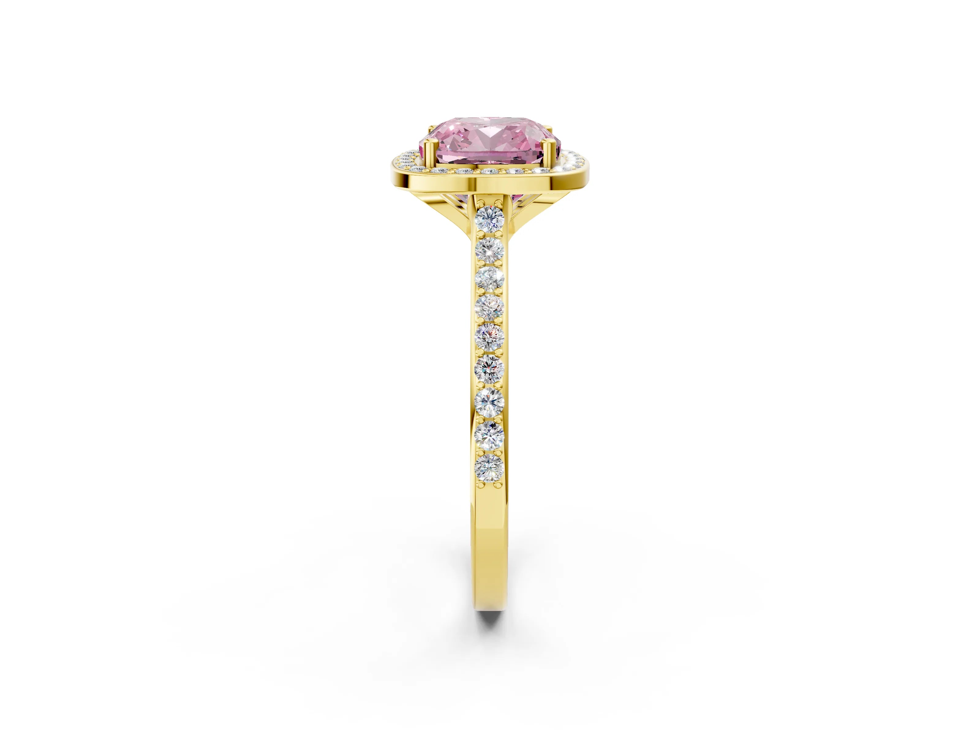 Yellow gold Fancy Pink Cushion Cut Halo Round Diamond Pavé Band with Four-Prong Setting_5