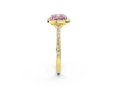 Yellow gold Fancy Pink Cushion Cut Halo Round Diamond Pavé Band with Four-Prong Setting_5