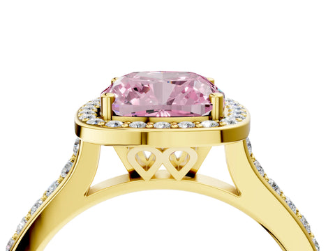 Yellow gold Fancy Pink Cushion Cut Halo Round Diamond Pavé Band with Four-Prong Setting_7