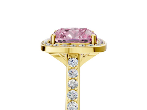 Yellow gold Fancy Pink Cushion Cut Halo Round Diamond Pavé Band with Four-Prong Setting_8