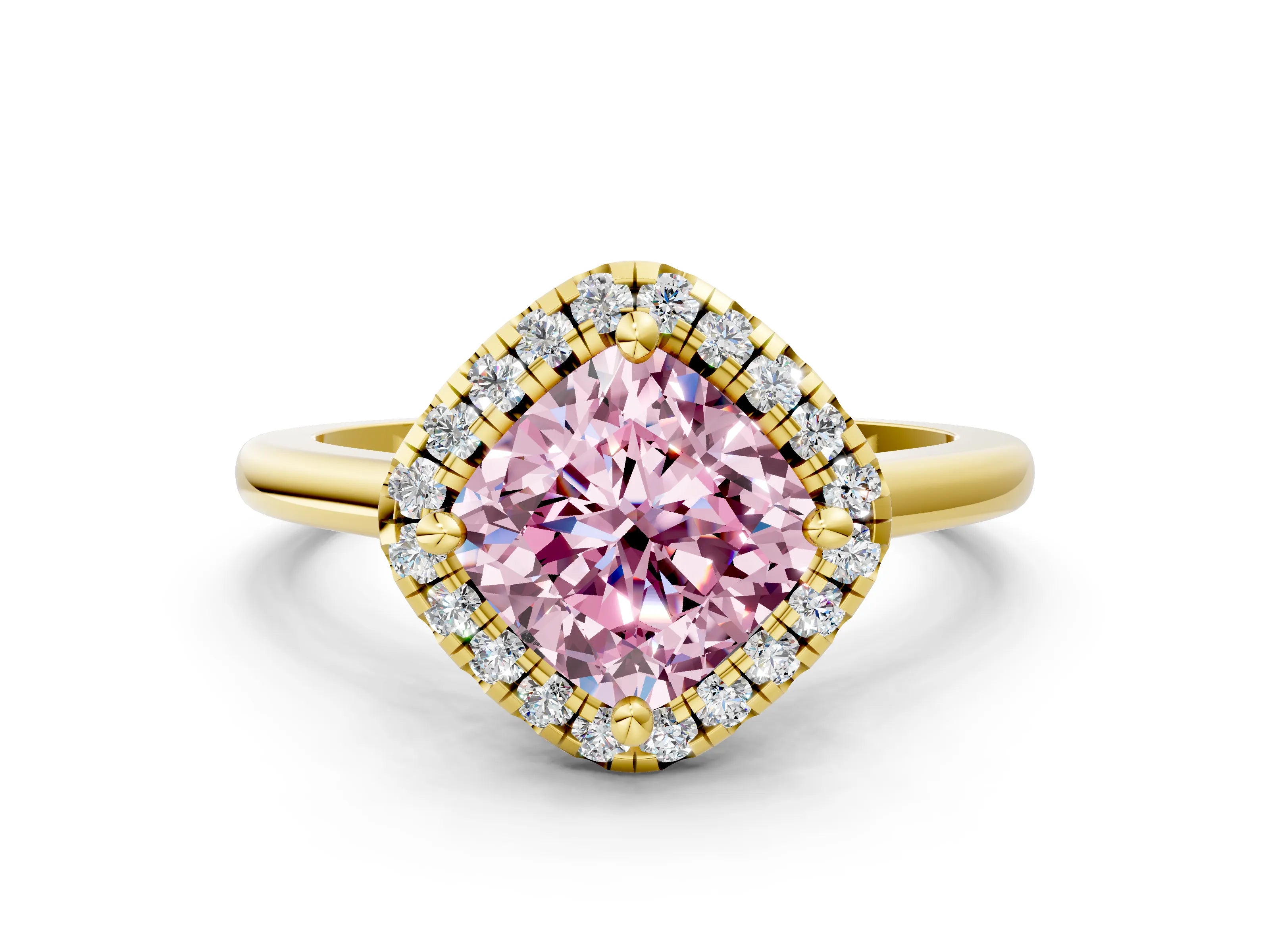 Yellow gold Fancy Pink Cushion Cut Halo Round Diamond Solitaire Engagement Ring with Pave Band and Four-Prong Setting_12