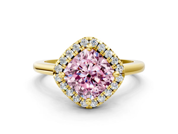 Yellow gold Fancy Pink Cushion Cut Halo Round Diamond Solitaire Engagement Ring with Pave Band and Four-Prong Setting