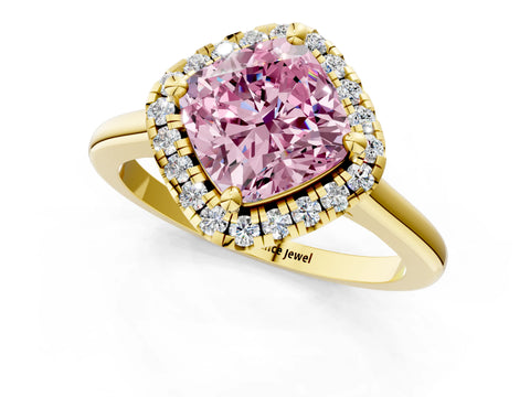 Yellow gold Fancy Pink Cushion Cut Halo Round Diamond Solitaire Engagement Ring with Pave Band and Four-Prong Setting_13