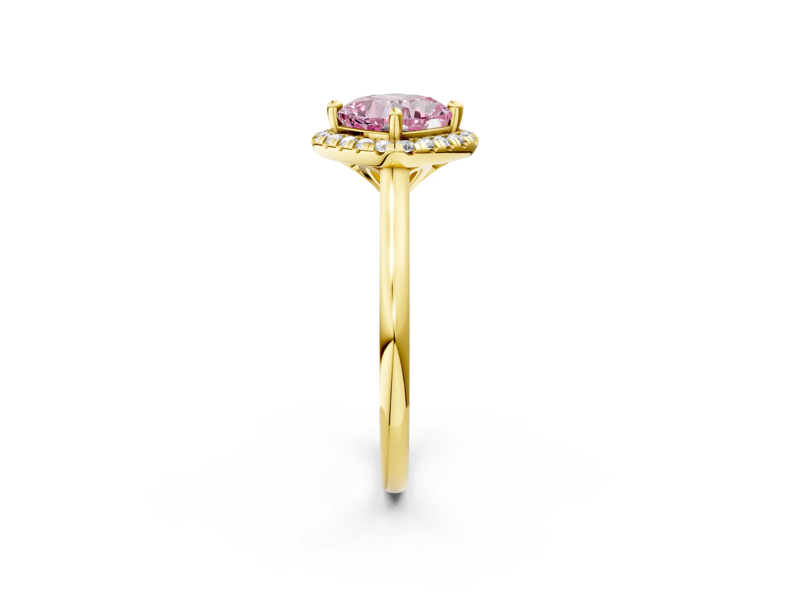 Yellow gold Fancy Pink Cushion Cut Halo Round Diamond Solitaire Engagement Ring with Pave Band and Four-Prong Setting_14