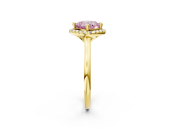 Yellow gold Fancy Pink Cushion Cut Halo Round Diamond Solitaire Engagement Ring with Pave Band and Four-Prong Setting