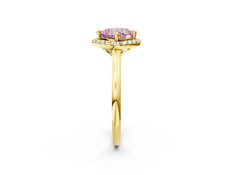 Yellow gold Fancy Pink Cushion Cut Halo Round Diamond Solitaire Engagement Ring with Pave Band and Four-Prong Setting_14