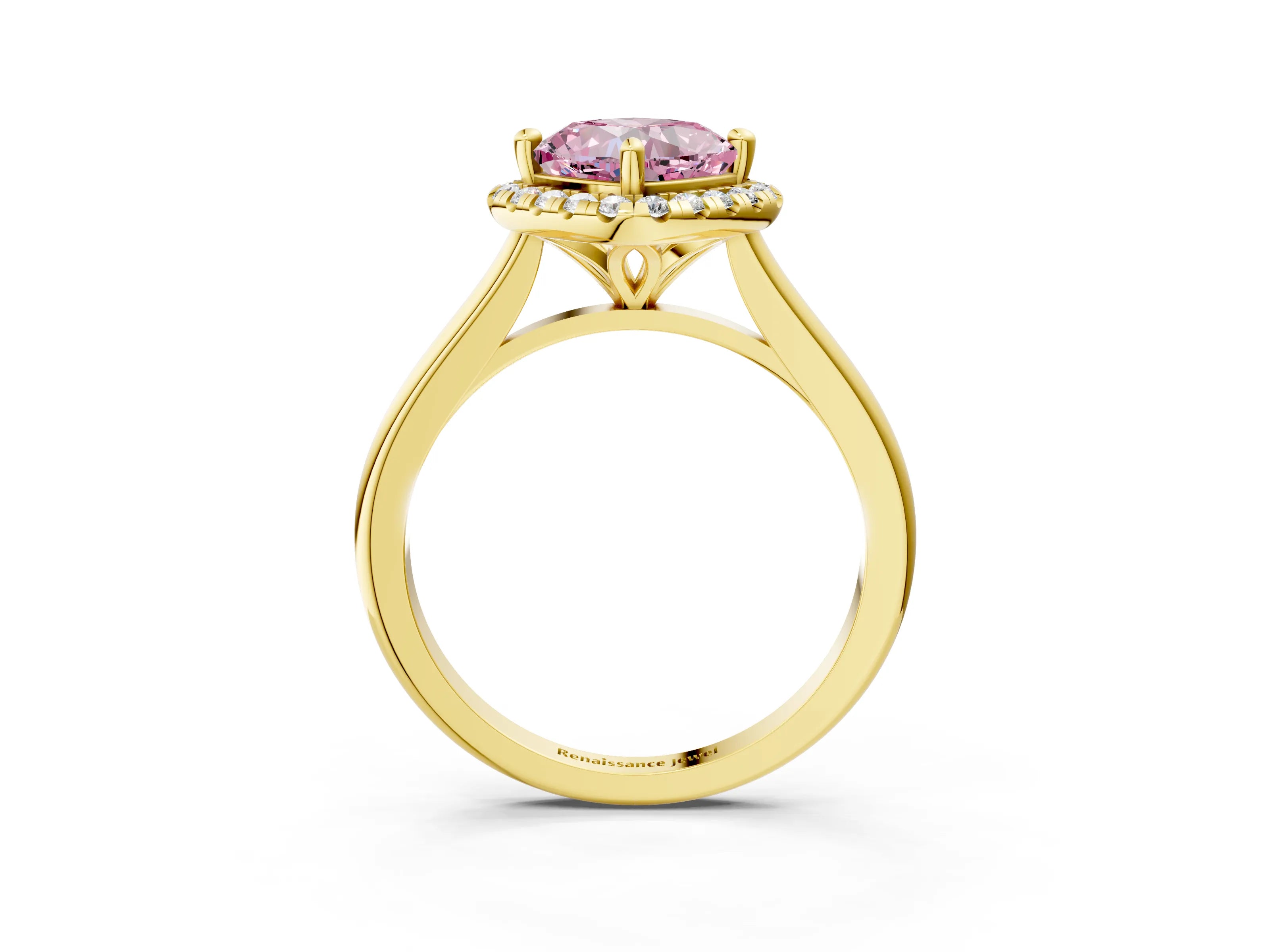 Yellow gold Fancy Pink Cushion Cut Halo Round Diamond Solitaire Engagement Ring with Pave Band and Four-Prong Setting_15