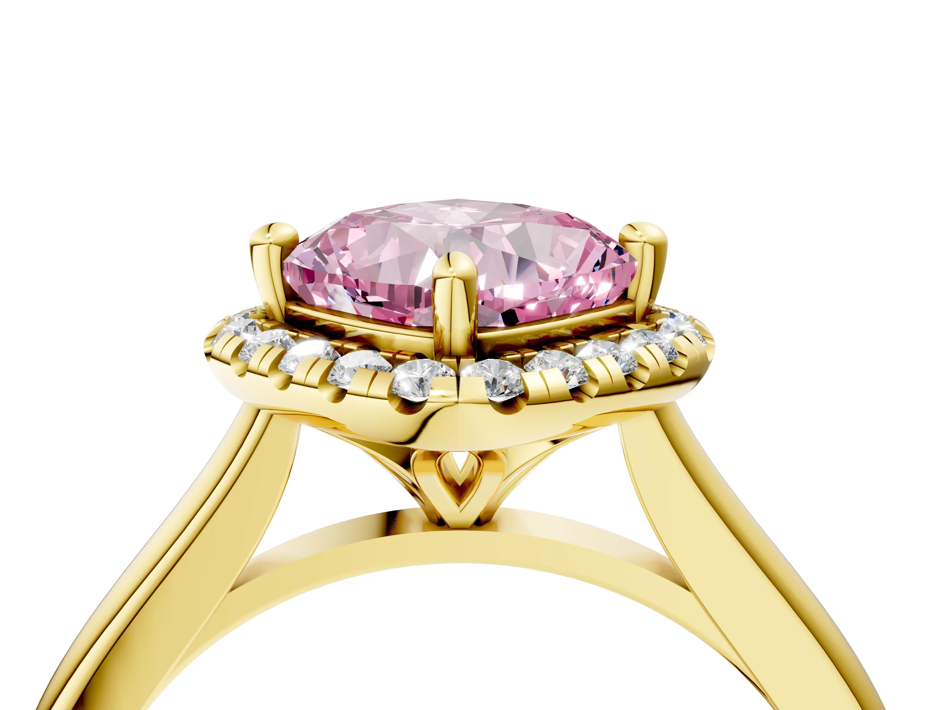 Yellow gold Fancy Pink Cushion Cut Halo Round Diamond Solitaire Engagement Ring with Pave Band and Four-Prong Setting_16