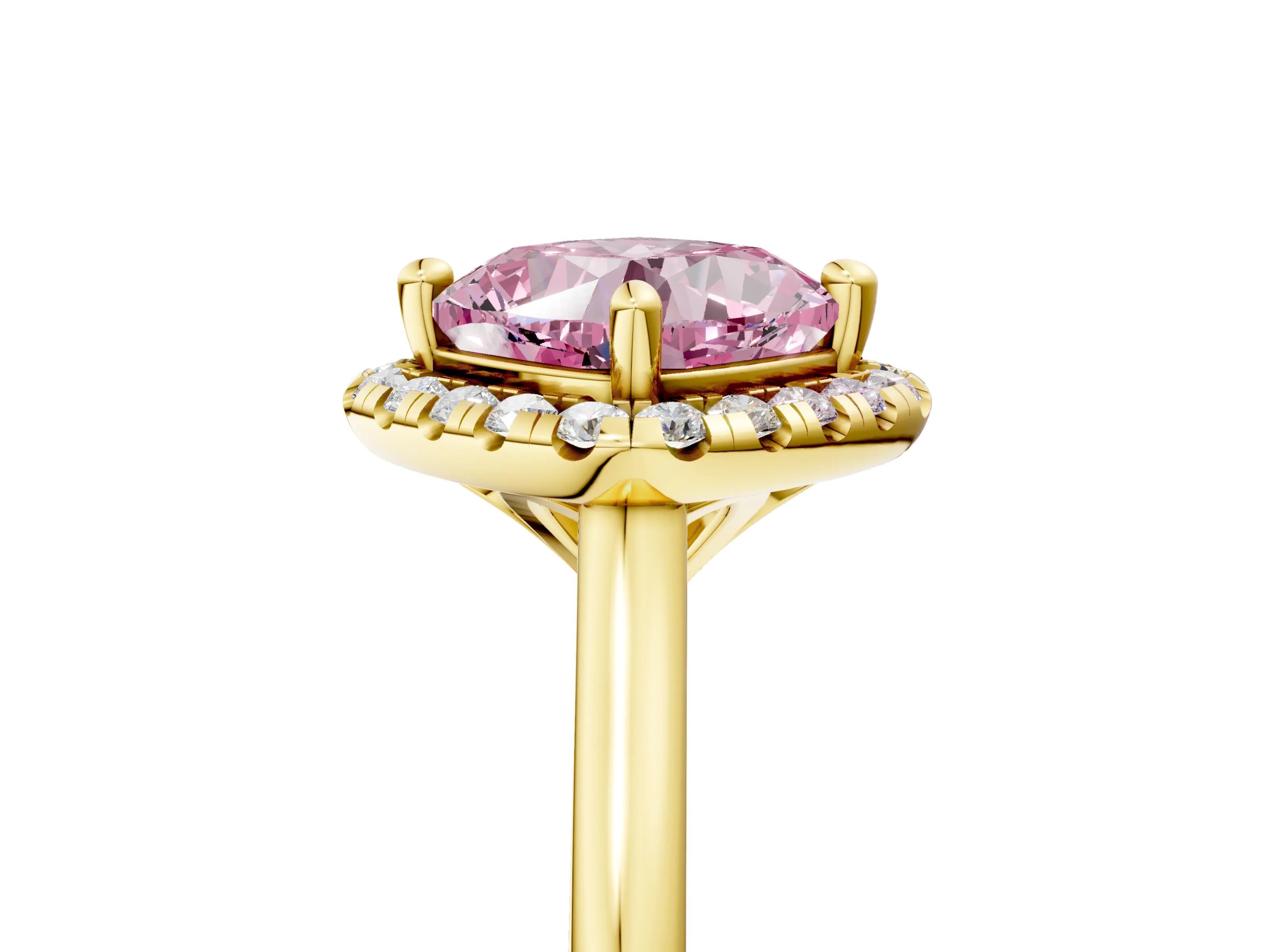 Yellow gold Fancy Pink Cushion Cut Halo Round Diamond Solitaire Engagement Ring with Pave Band and Four-Prong Setting_17
