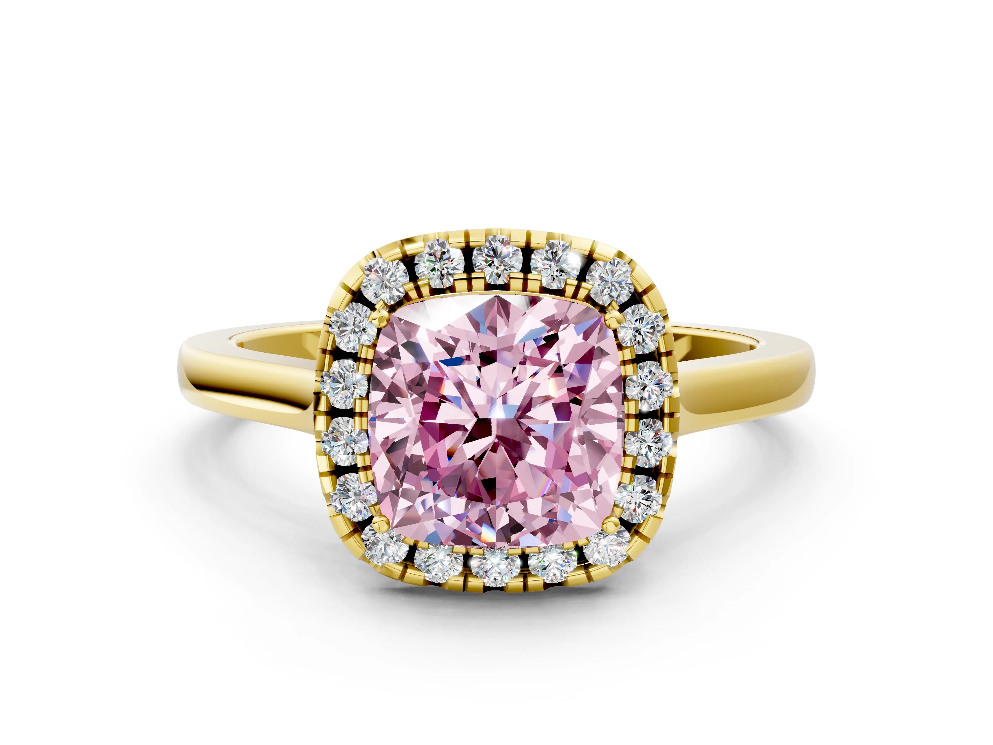 Yellow gold Fancy Pink Cushion Cut Halo Round Diamond Solitaire Ring with Pavé Band and Four-Prong Setting_12