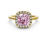 Yellow gold Fancy Pink Cushion Cut Halo Round Diamond Solitaire Ring with Pavé Band and Four-Prong Setting_12