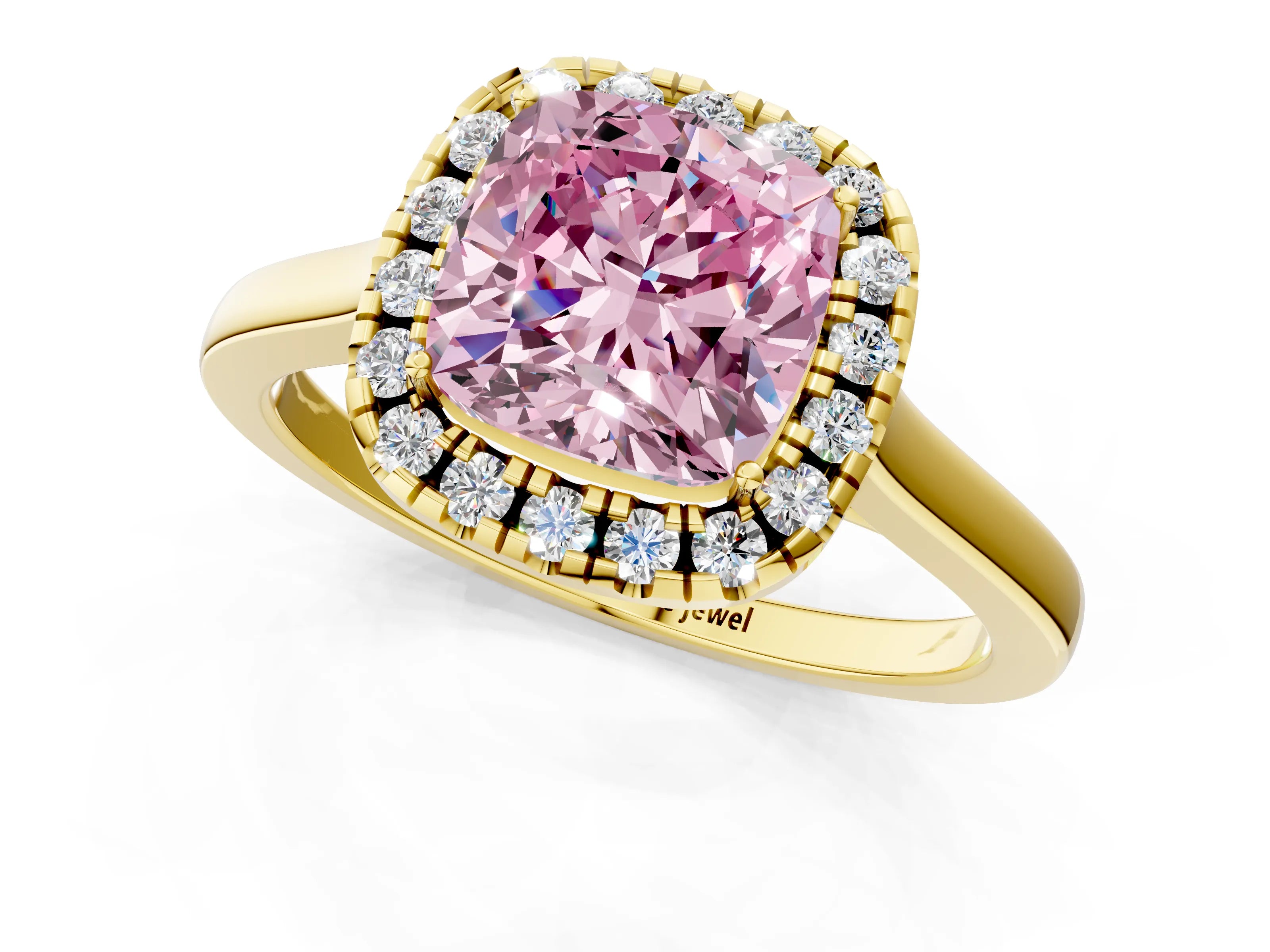 Yellow gold Fancy Pink Cushion Cut Halo Round Diamond Solitaire Ring with Pavé Band and Four-Prong Setting_13