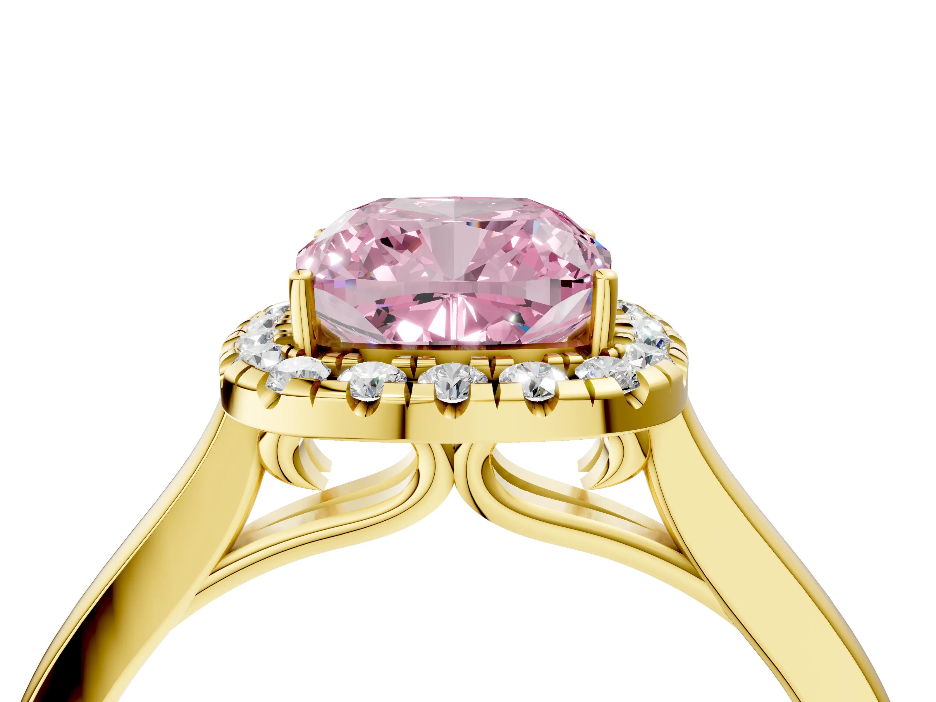 Yellow gold Fancy Pink Cushion Cut Halo Round Diamond Solitaire Ring with Pavé Band and Four-Prong Setting_16