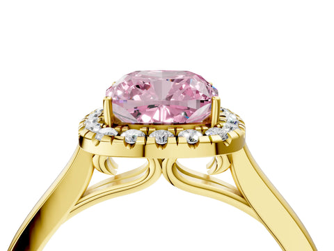 Yellow gold Fancy Pink Cushion Cut Halo Round Diamond Solitaire Ring with Pavé Band and Four-Prong Setting_16