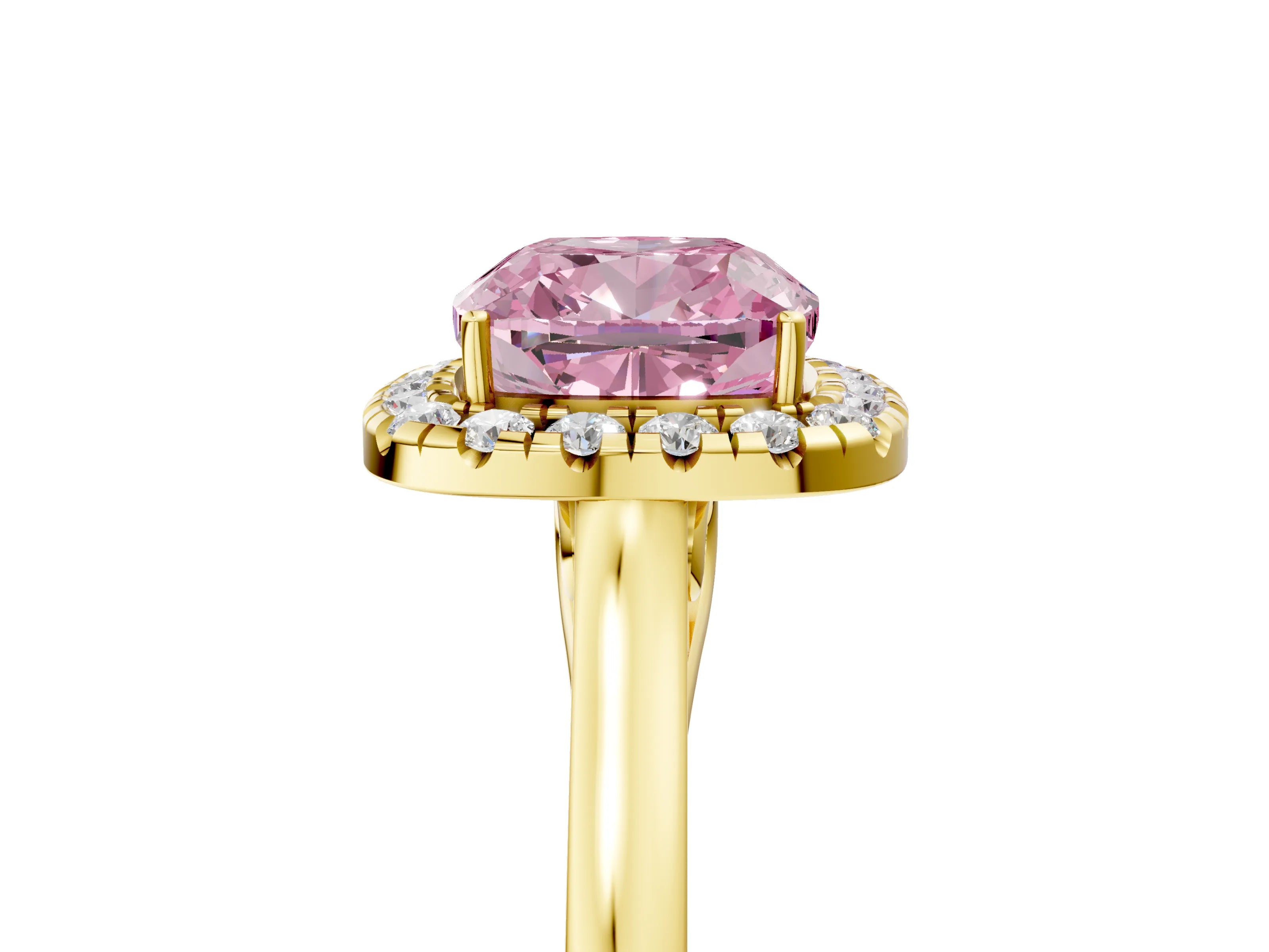 Yellow gold Fancy Pink Cushion Cut Halo Round Diamond Solitaire Ring with Pavé Band and Four-Prong Setting_17