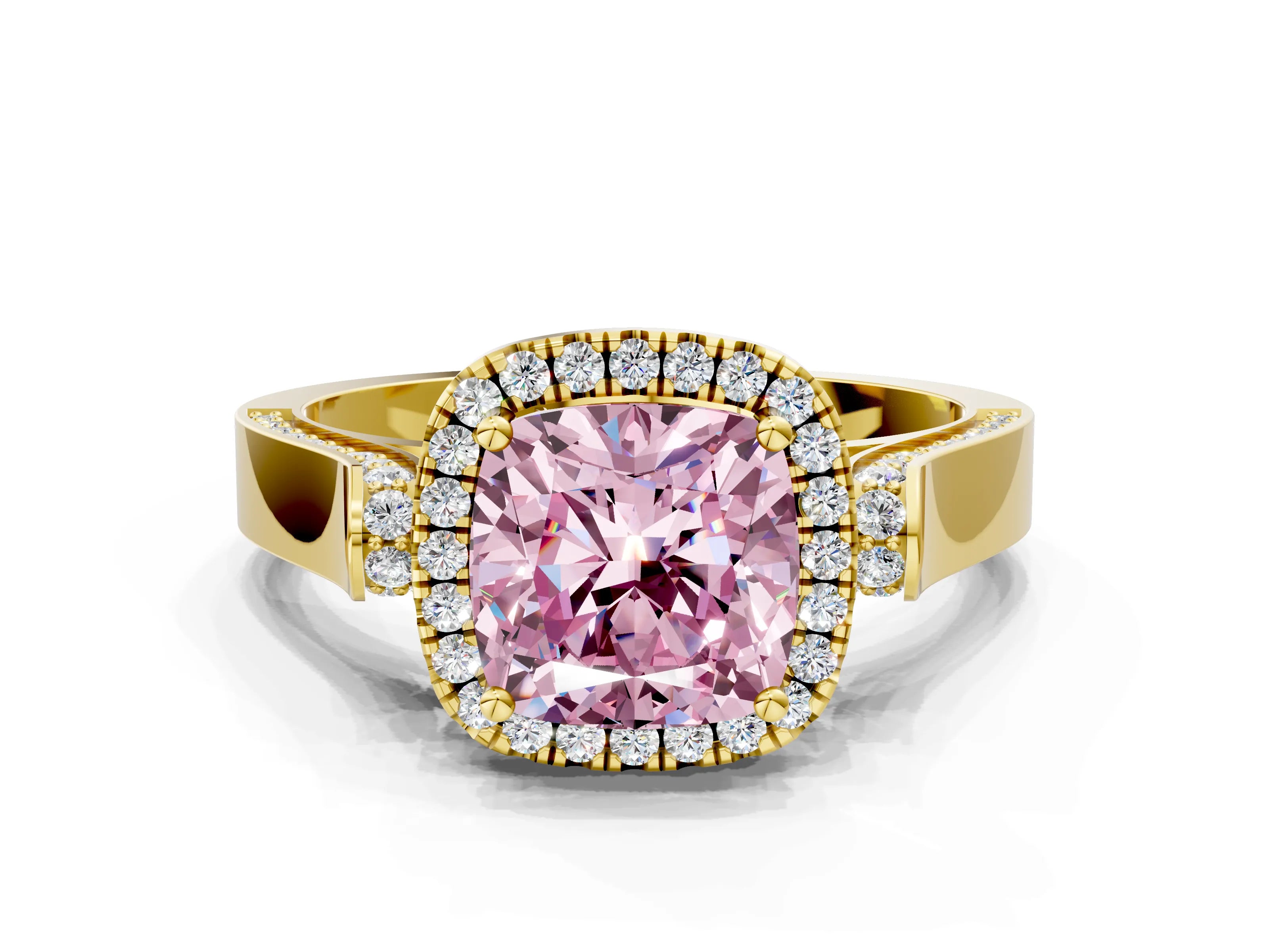 Yellow gold Fancy Pink Cushion Cut Halo Round Diamond Twist Band with Four-Prong Setting