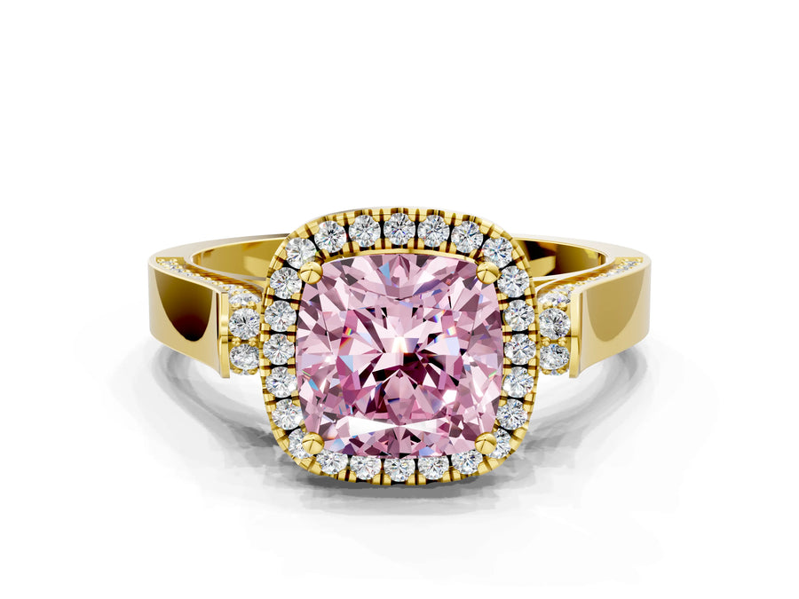Yellow gold Fancy Pink Cushion Cut Halo Round Diamond Twist Band with Four-Prong Setting