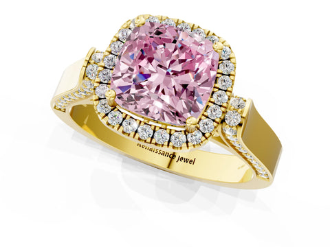 Yellow gold Fancy Pink Cushion Cut Halo Round Diamond Twist Band with Four-Prong Setting_1