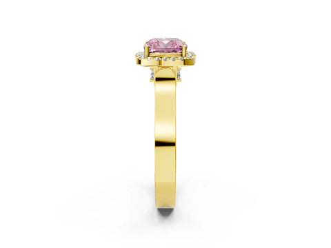 Yellow gold Fancy Pink Cushion Cut Halo Round Diamond Twist Band with Four-Prong Setting_2