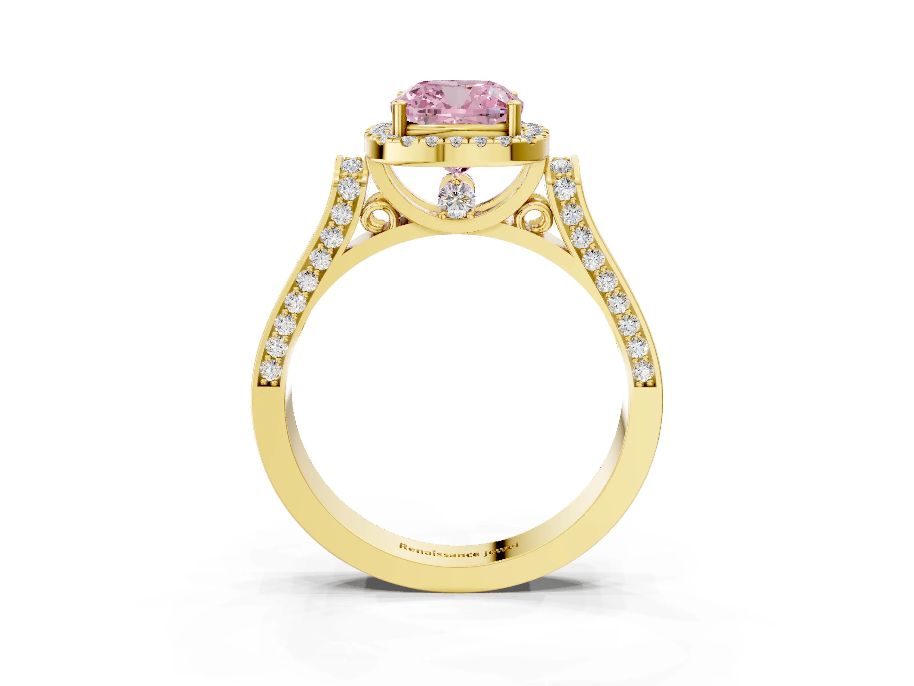 Yellow gold Fancy Pink Cushion Cut Halo Round Diamond Twist Band with Four-Prong Setting_3