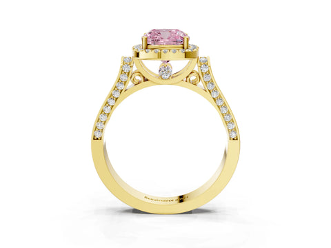 Yellow gold Fancy Pink Cushion Cut Halo Round Diamond Twist Band with Four-Prong Setting_3