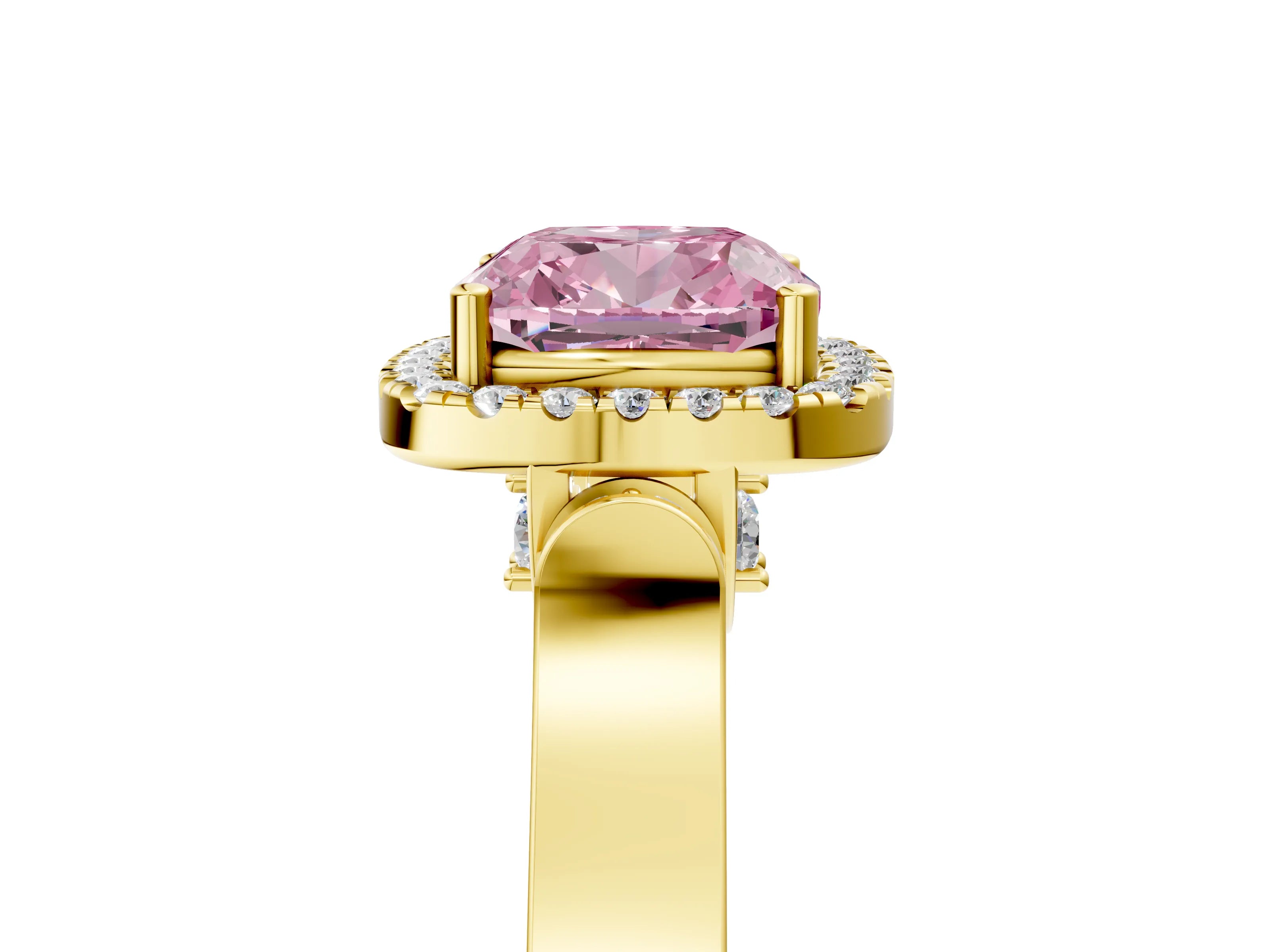 Yellow gold Fancy Pink Cushion Cut Halo Round Diamond Twist Band with Four-Prong Setting_5