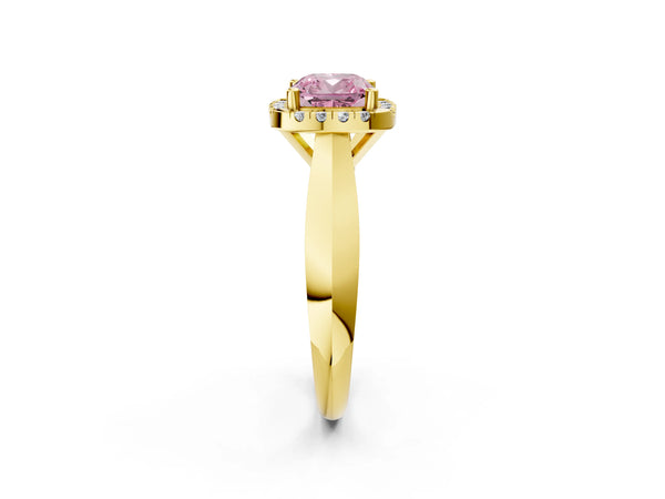 Yellow gold Fancy Pink Cushion  Cut Halo Solitaire Engagement Ring with Square Band and Four-Prong Setting