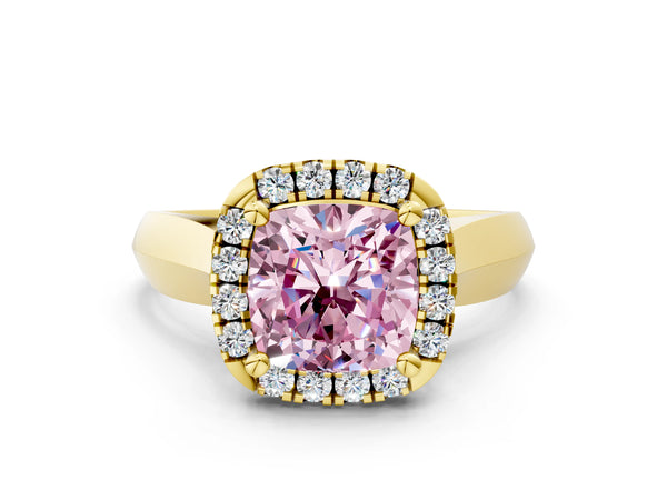 Yellow gold Fancy Pink Cushion  Cut Halo Solitaire Engagement Ring with Square Band and Four-Prong Setting