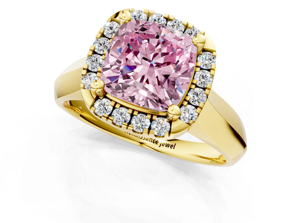 Yellow gold Fancy Pink Cushion  Cut Halo Solitaire Engagement Ring with Square Band and Four-Prong Setting